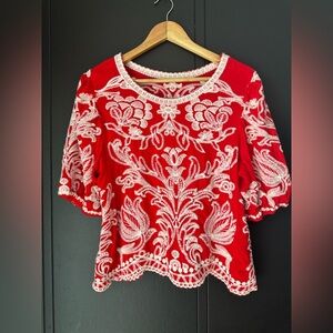 Solitaire Anthropology Red and White Embroidered Women's Top